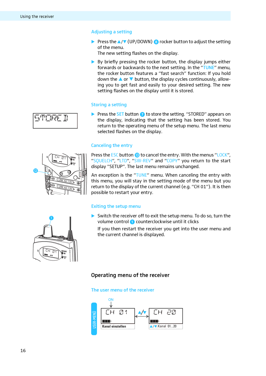 Sennheiser LV308, LV307 manual Adjusting a setting, Storing a setting, Canceling the entry, Exiting the setup menu 