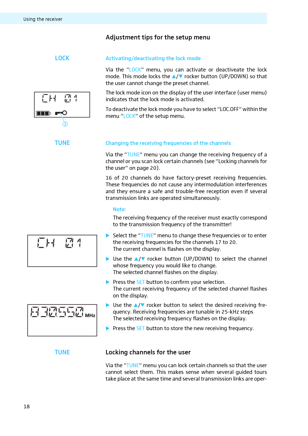 Sennheiser LV308 Adjustment tips for the setup menu, Locking channels for the user, Activating/deactivating the lock mode 