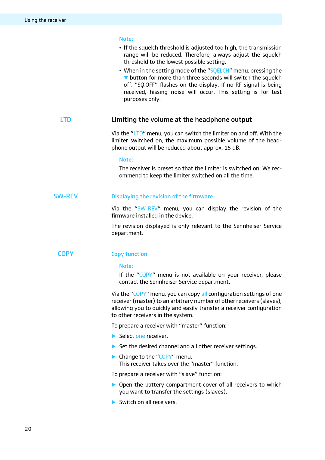 Sennheiser LV308 manual Limiting the volume at the headphone output, Displaying the revision of the firmware, Copy function 