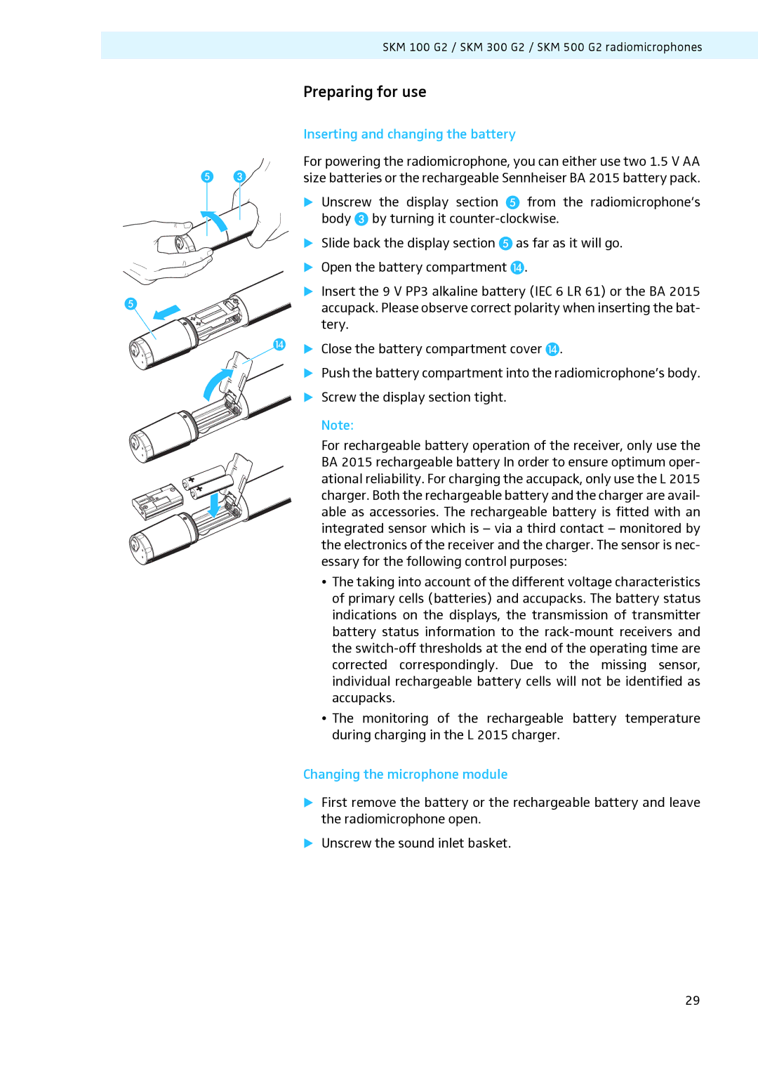 Sennheiser LV307, LV308 manual Inserting and changing the battery, Changing the microphone module 