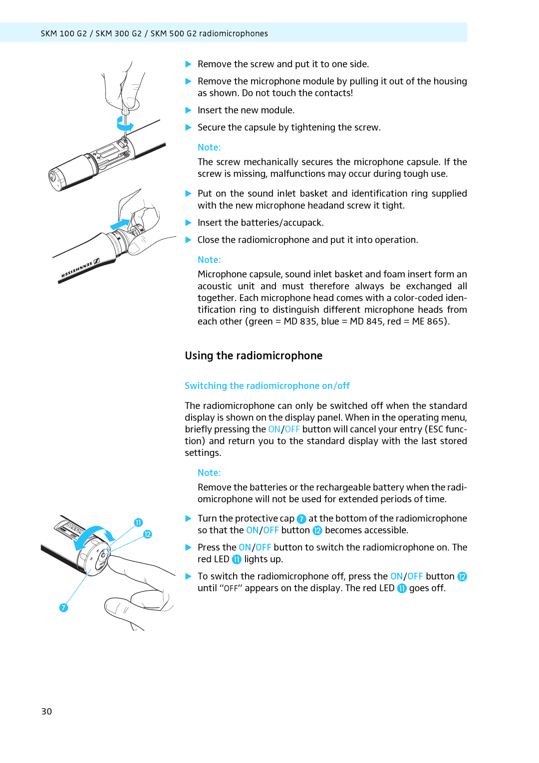 Sennheiser LV308, LV307 manual Using the radiomicrophone, Switching the radiomicrophone on/off 