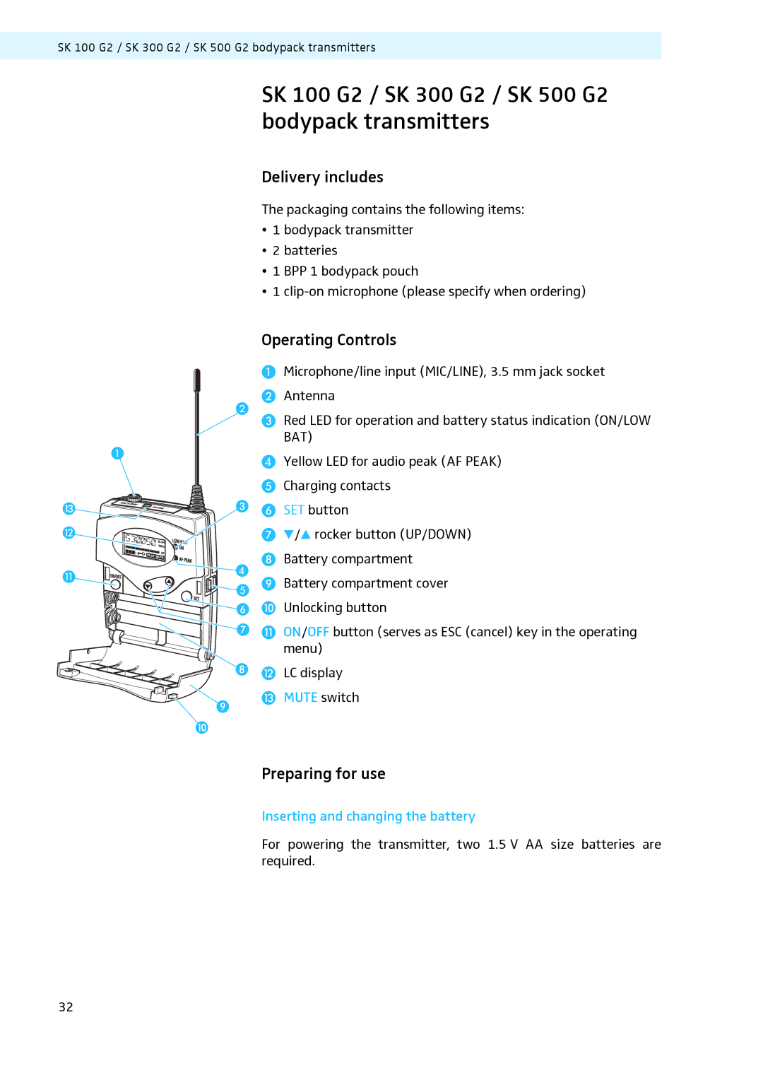 Sennheiser LV308, LV307 manual SK 100 G2 / SK 300 G2 / SK 500 G2 bodypack transmitters, Delivery includes 