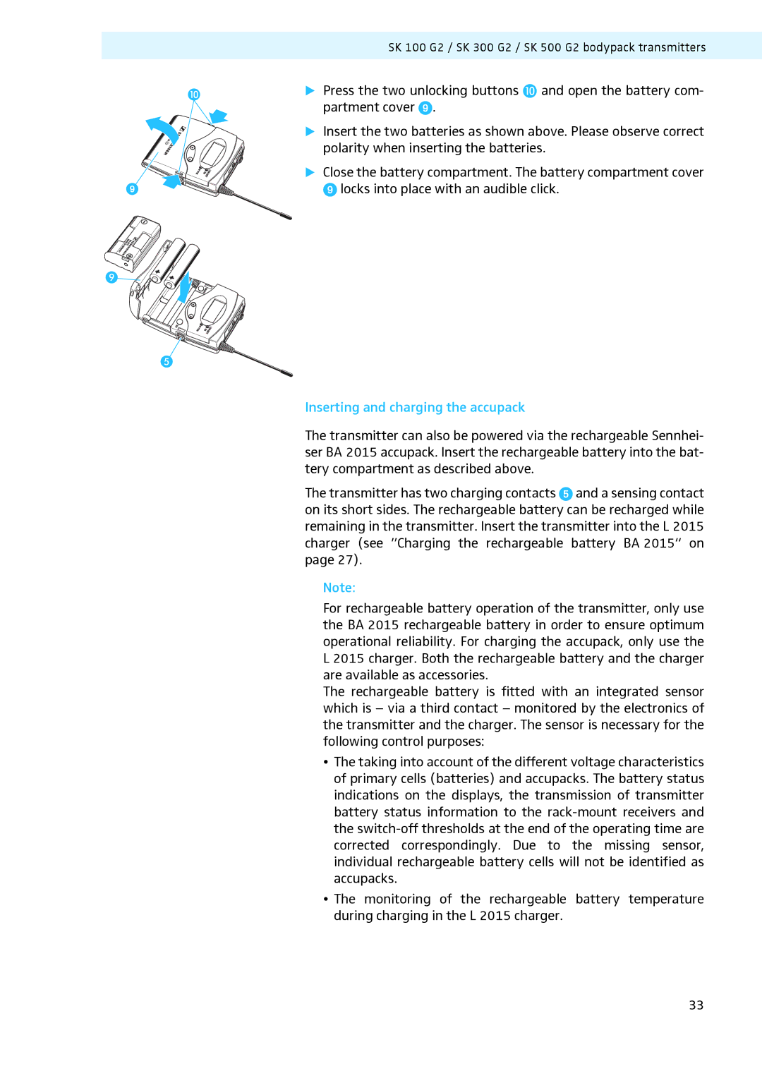 Sennheiser LV307, LV308 manual Inserting and charging the accupack 