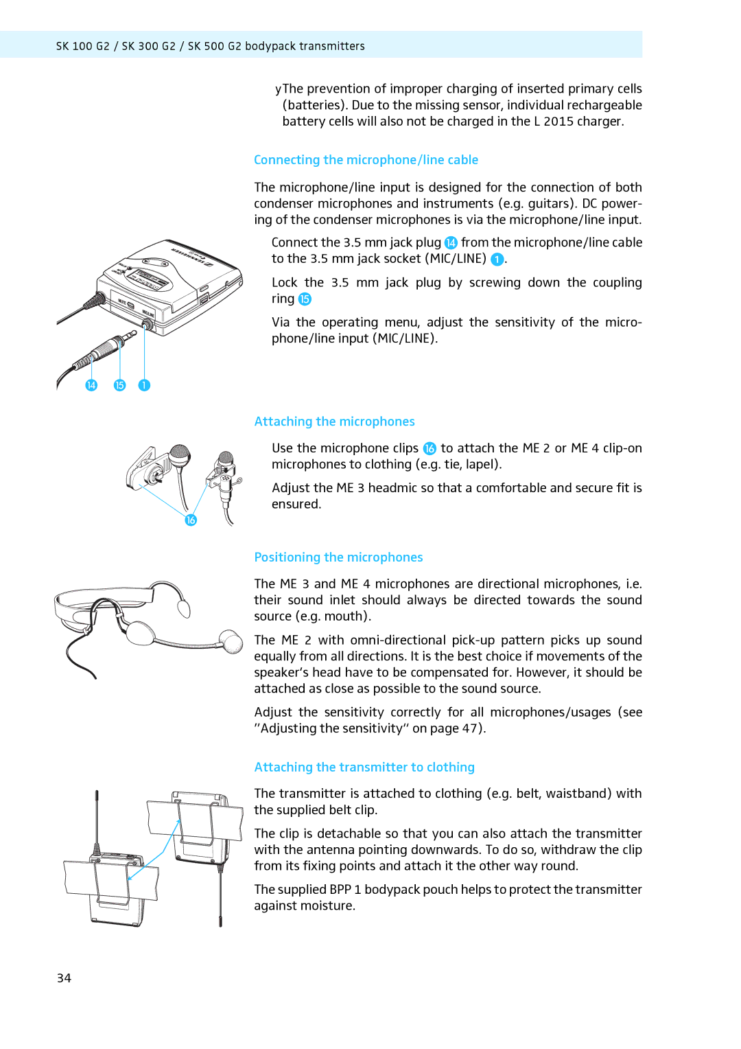 Sennheiser LV308, LV307 manual Connecting the microphone/line cable, Attaching the microphones, Use the microphone clips 