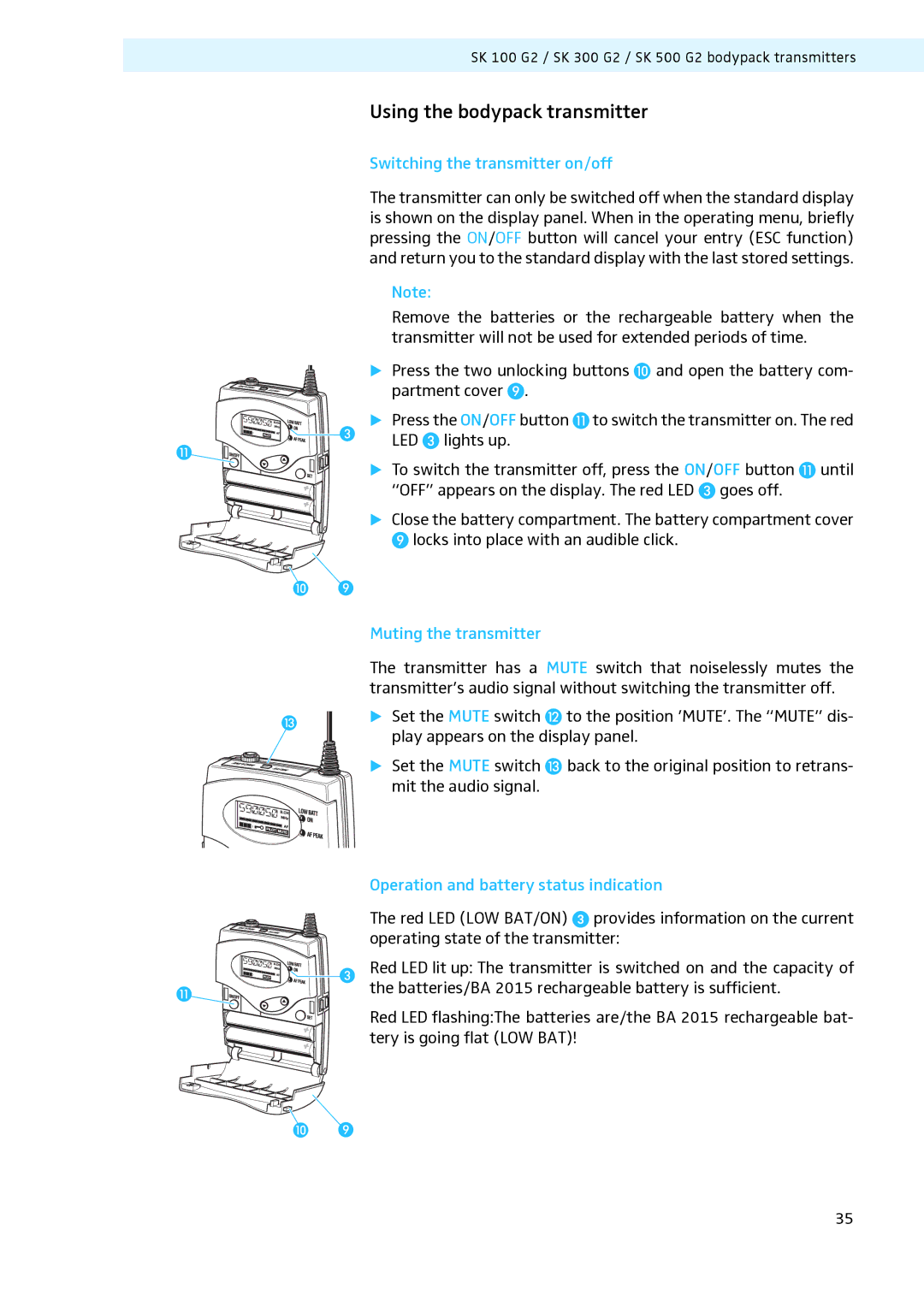 Sennheiser LV307, LV308 manual Using the bodypack transmitter, Switching the transmitter on/off, Muting the transmitter 