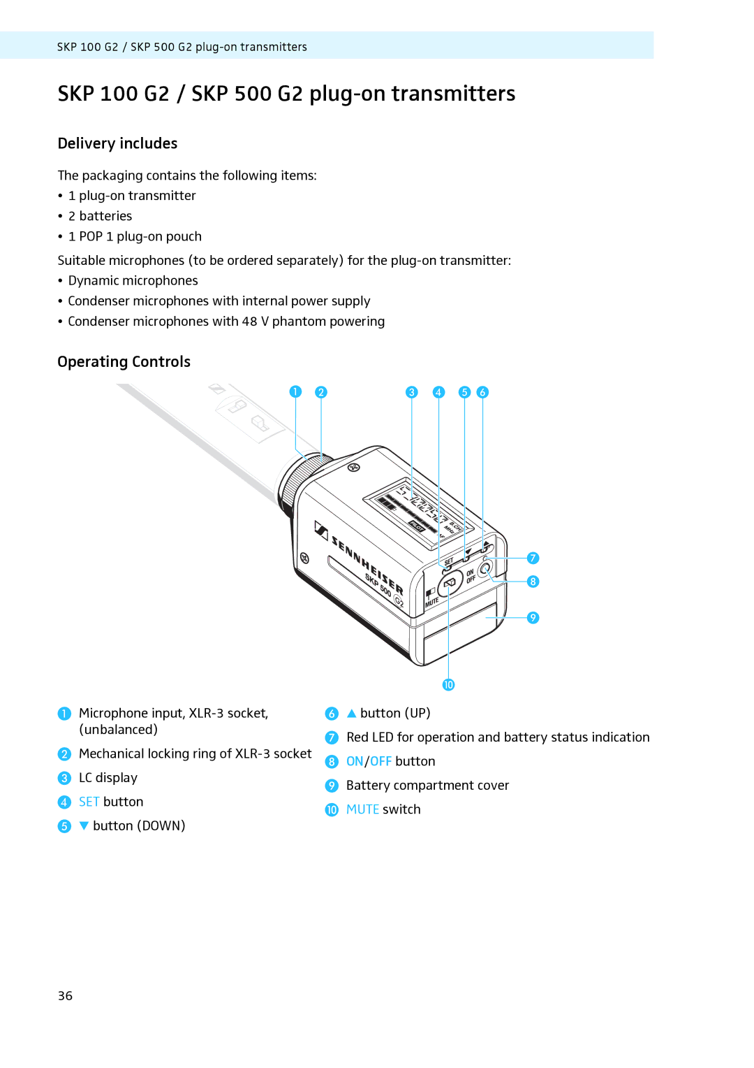 Sennheiser LV308, LV307 SKP 100 G2 / SKP 500 G2 plug-on transmitters, Microphone input, XLR-3 socket Button UP Unbalanced 