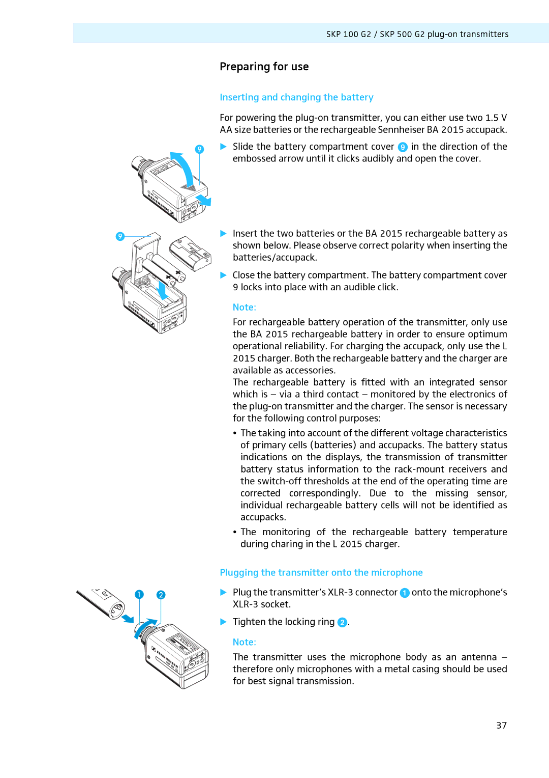 Sennheiser LV307, LV308 manual Preparing for use, Plugging the transmitter onto the microphone 