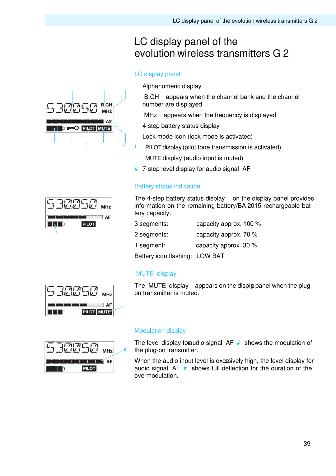 Sennheiser LV307, LV308 manual LC display panel Evolution wireless transmitters G, Battery status indication, Mute display 