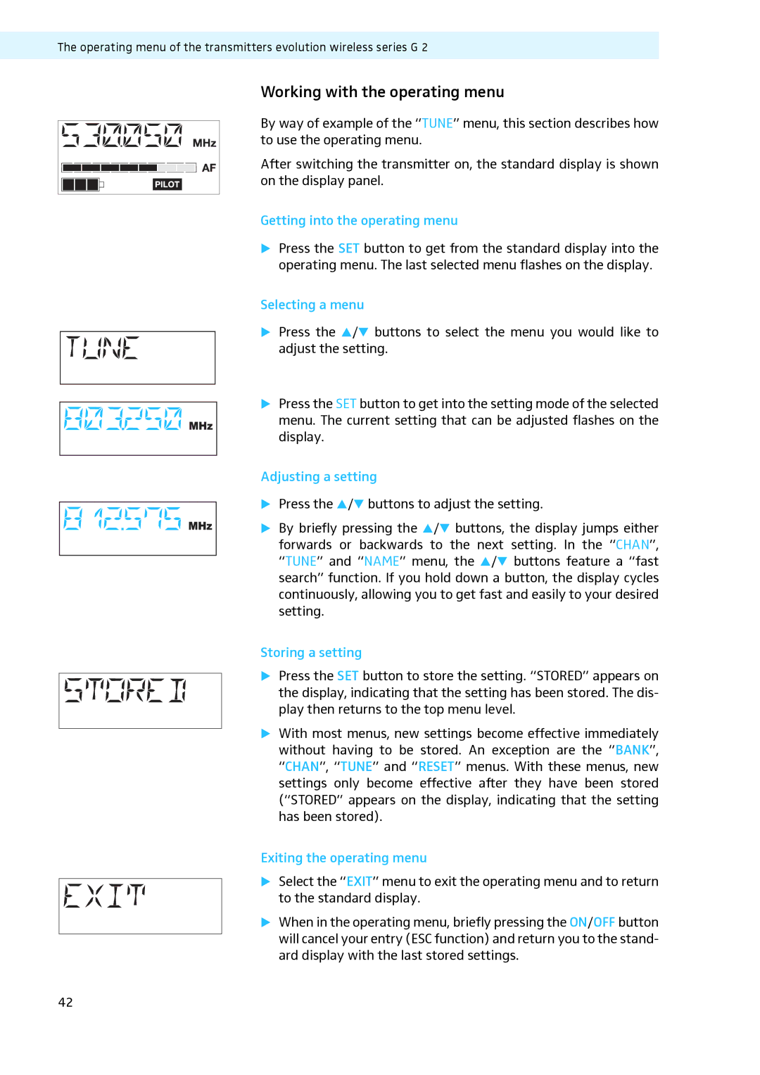 Sennheiser LV308, LV307 manual Working with the operating menu, Getting into the operating menu, Exiting the operating menu 