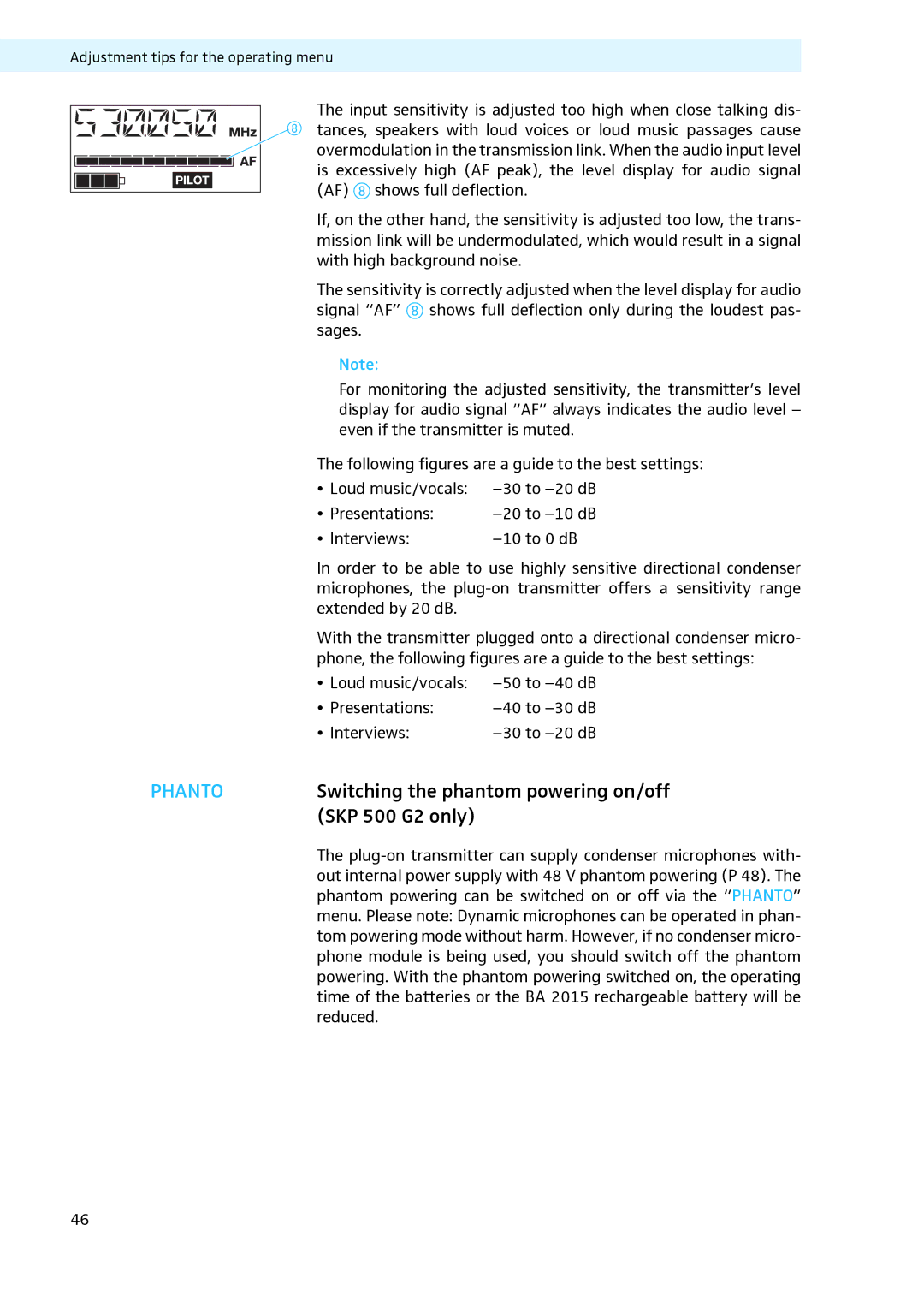 Sennheiser LV308, LV307 manual Switching the phantom powering on/off, SKP 500 G2 only 