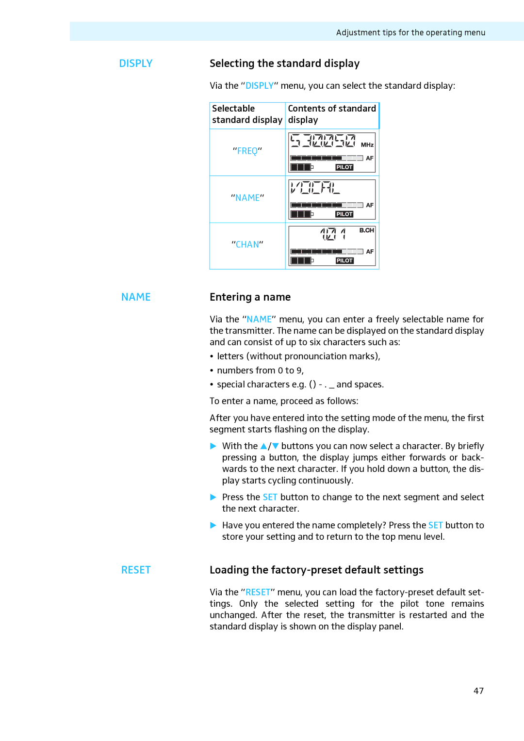 Sennheiser LV307, LV308 manual Selecting the standard display, Entering a name, Loading the factory-preset default settings 