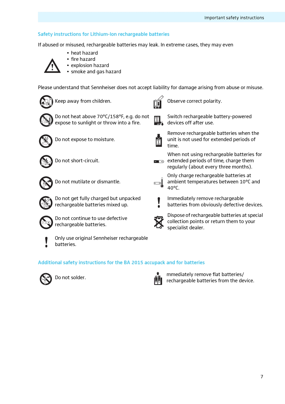 Sennheiser LV307, LV308 manual Safety instructions for Lithium-Ion rechargeable batteries, Do not solder 