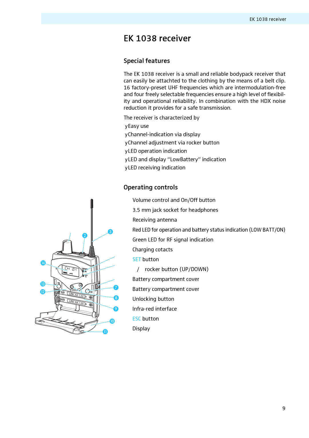 Sennheiser LV307, LV308 manual EK 1038 receiver, Special features, Operating controls 