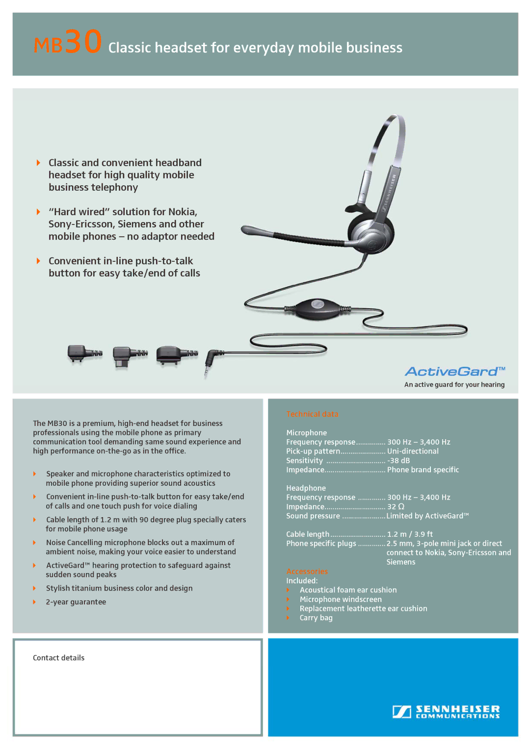 Sennheiser manual MB30 Classic headset for everyday mobile business, Technical data, Accessories 