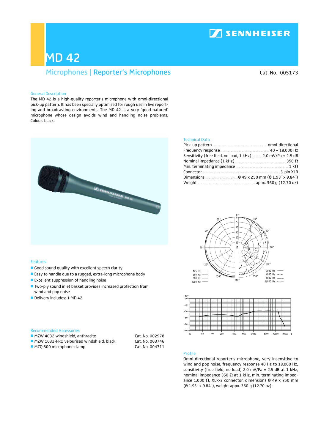 Sennheiser MD 42 dimensions Microphones Reporter‘s Microphones, Cat. No, General Description, Features, Technical Data 