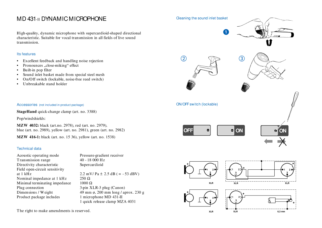 Sennheiser MD 431 II MD 431-IIDYNAMIC Microphone, Its features, Cleaning the sound inlet basket ON/OFF switch lockable 