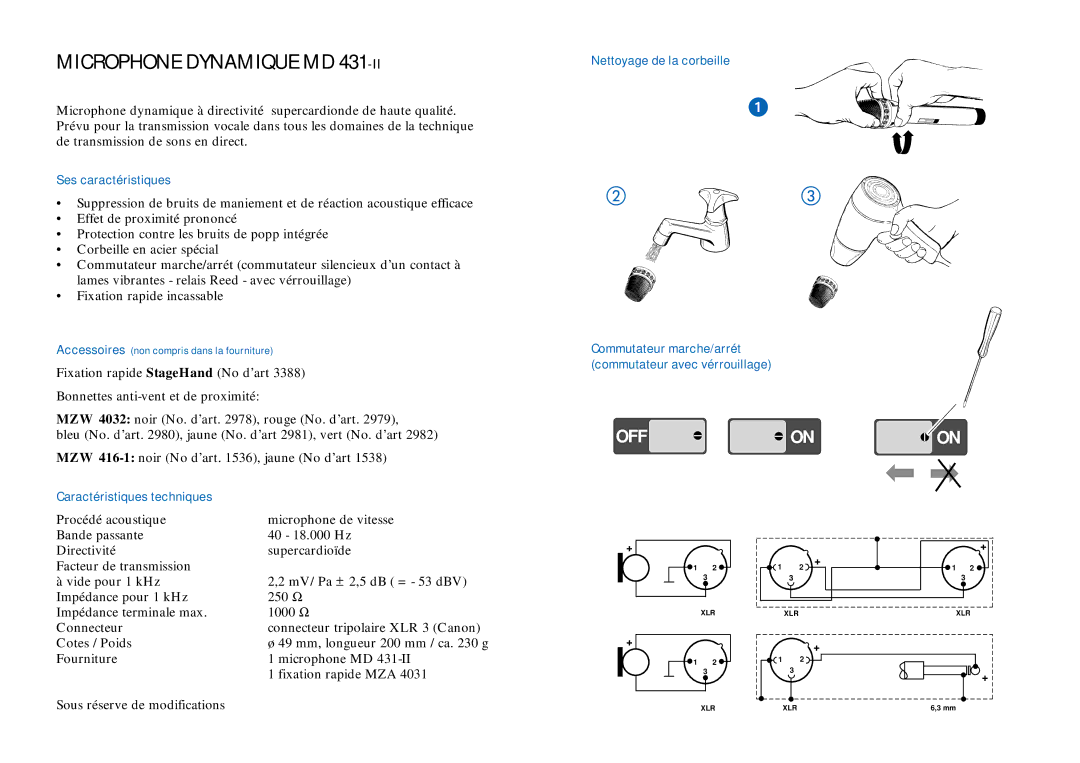 Sennheiser MD 431 II Microphone Dynamique MD, Ses caractéristiques, Nettoyage de la corbeille, Caractéristiques techniques 