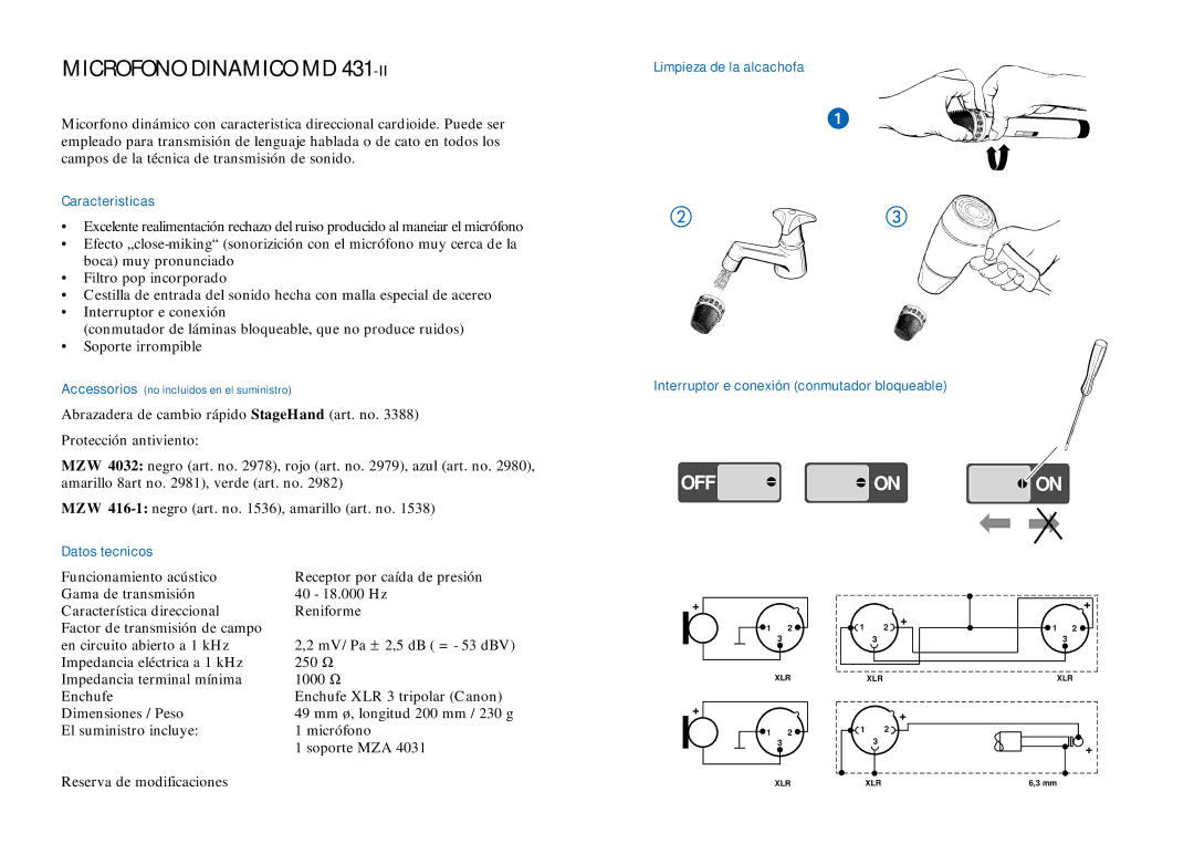 Sennheiser MD 431 II manual Microfono Dinamico MD, Caracteristicas, Datos tecnicos 