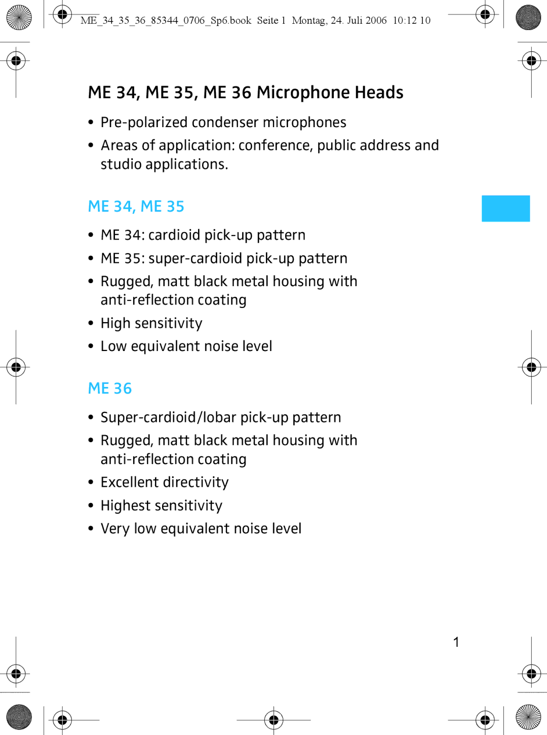 Sennheiser instruction manual ME 34, ME 35, ME 36 Microphone Heads 