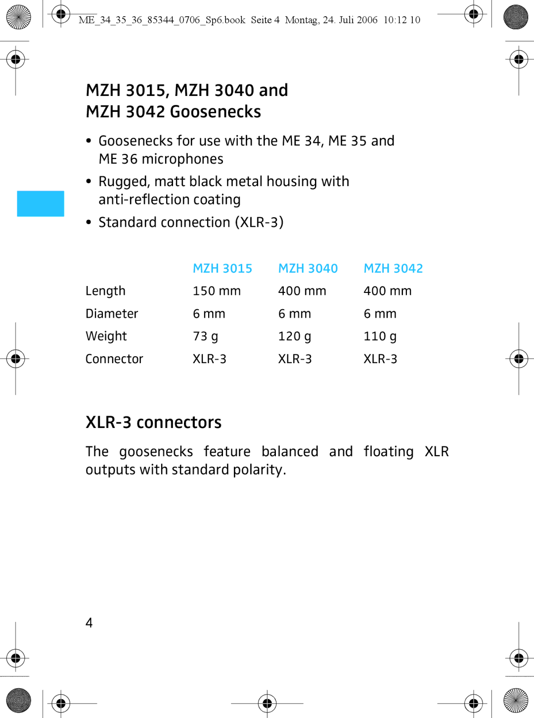 Sennheiser ME 36, ME 35 instruction manual MZH 3015, MZH 3040 MZH 3042 Goosenecks, XLR-3 connectors 