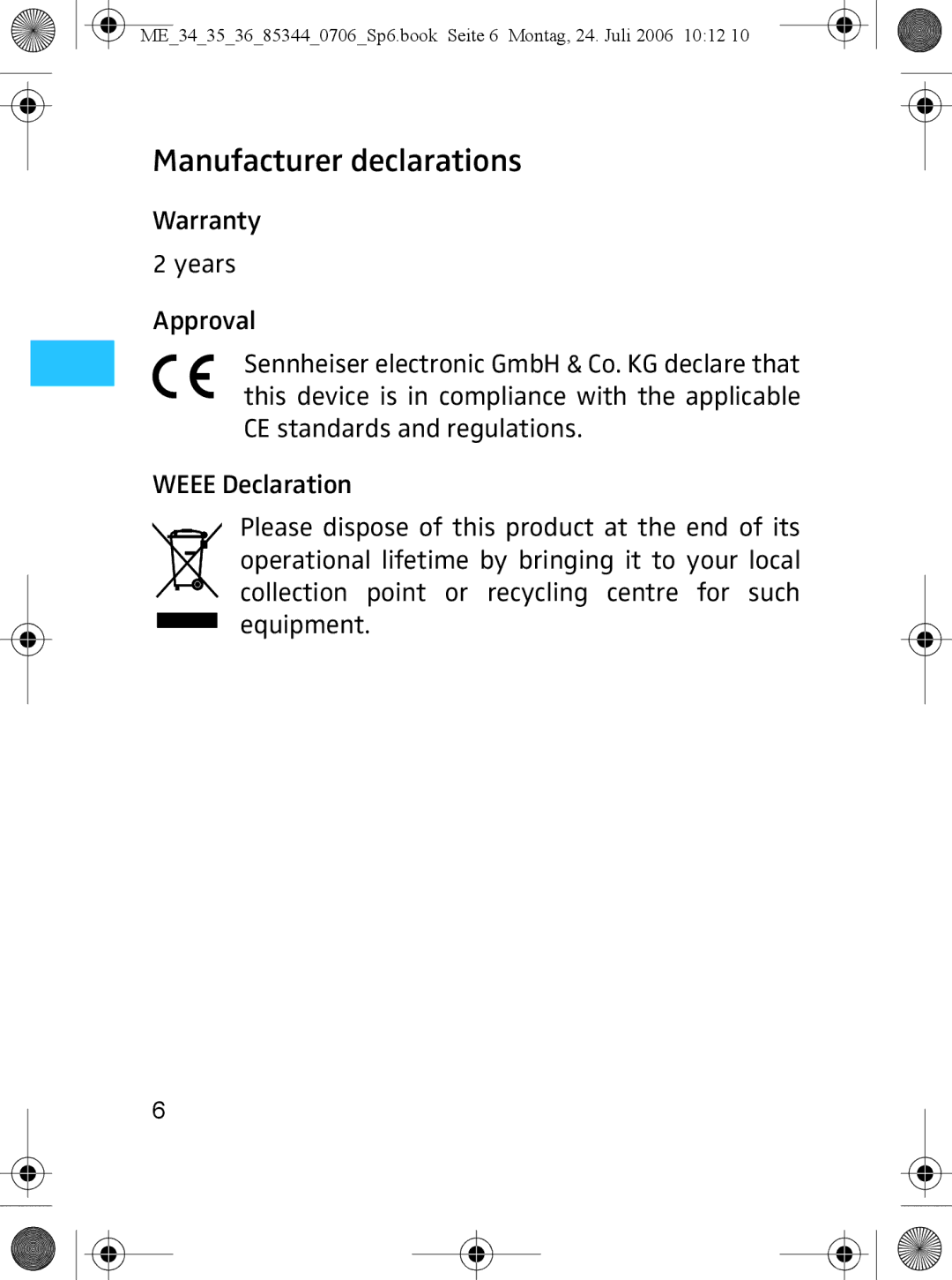 Sennheiser ME 36, ME 35 instruction manual Manufacturer declarations 