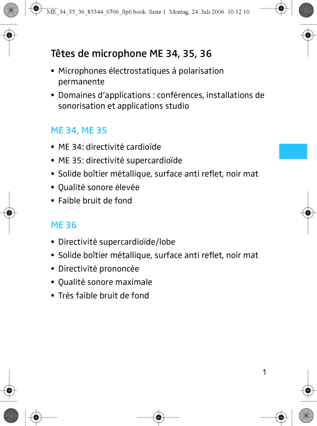 Sennheiser ME 35, ME 36 instruction manual Têtes de microphone ME 34, 35 