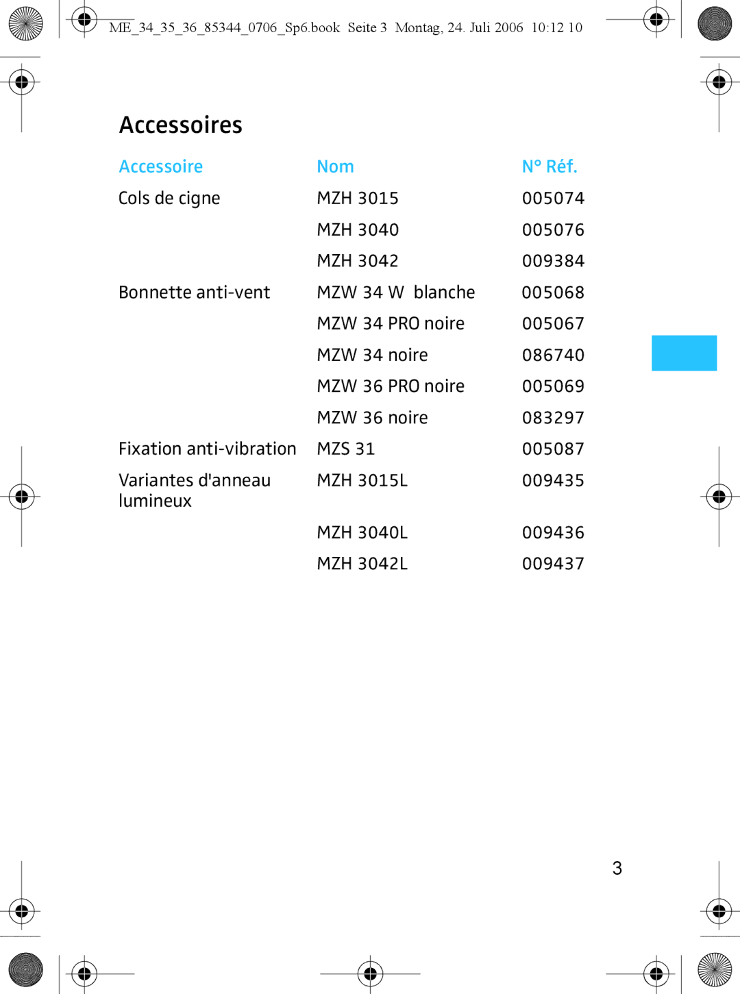Sennheiser ME 35, ME 36 instruction manual Accessoires, Accessoire Nom Réf 