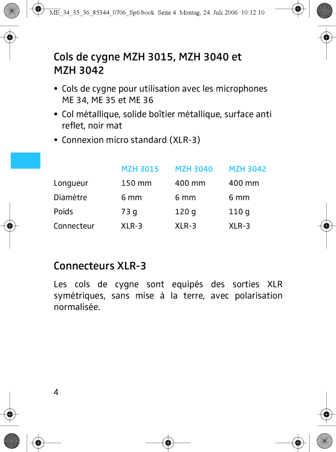 Sennheiser ME 36, ME 35 instruction manual Cols de cygne MZH 3015, MZH 3040 et, Connecteurs XLR-3 