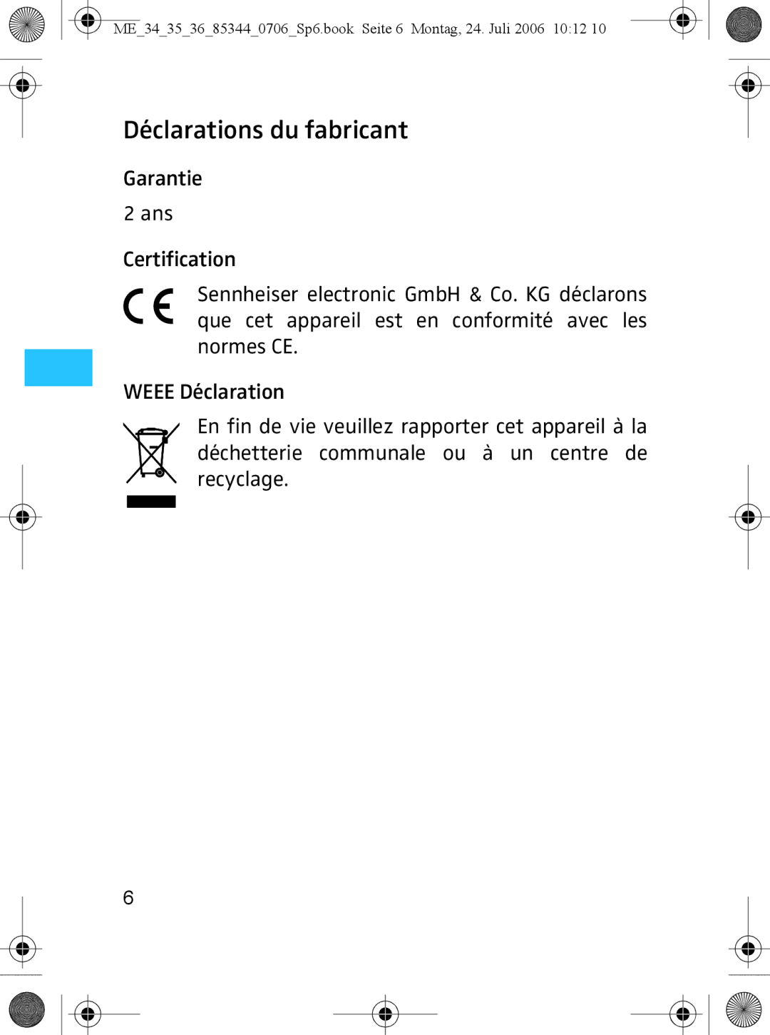 Sennheiser ME 36, ME 35 instruction manual Déclarations du fabricant 