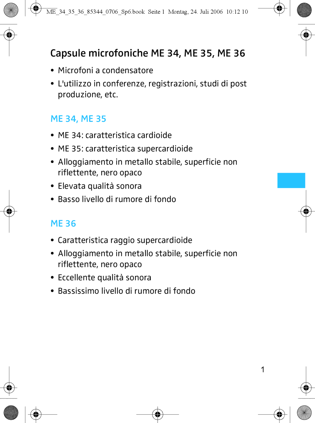 Sennheiser ME 36 instruction manual Capsule microfoniche ME 34, ME 35, ME 