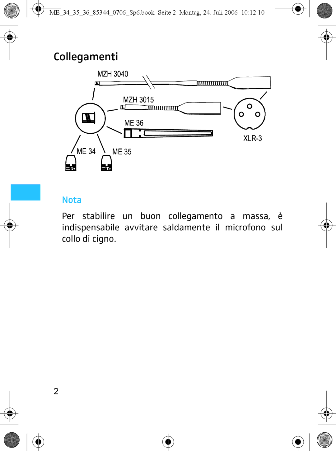 Sennheiser ME 36, ME 35 instruction manual Collegamenti, Nota 