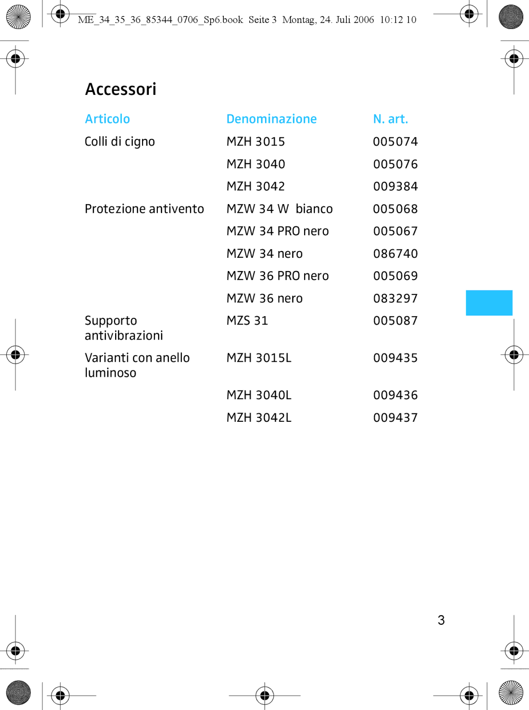 Sennheiser ME 35, ME 36 instruction manual Accessori, Articolo Denominazione 
