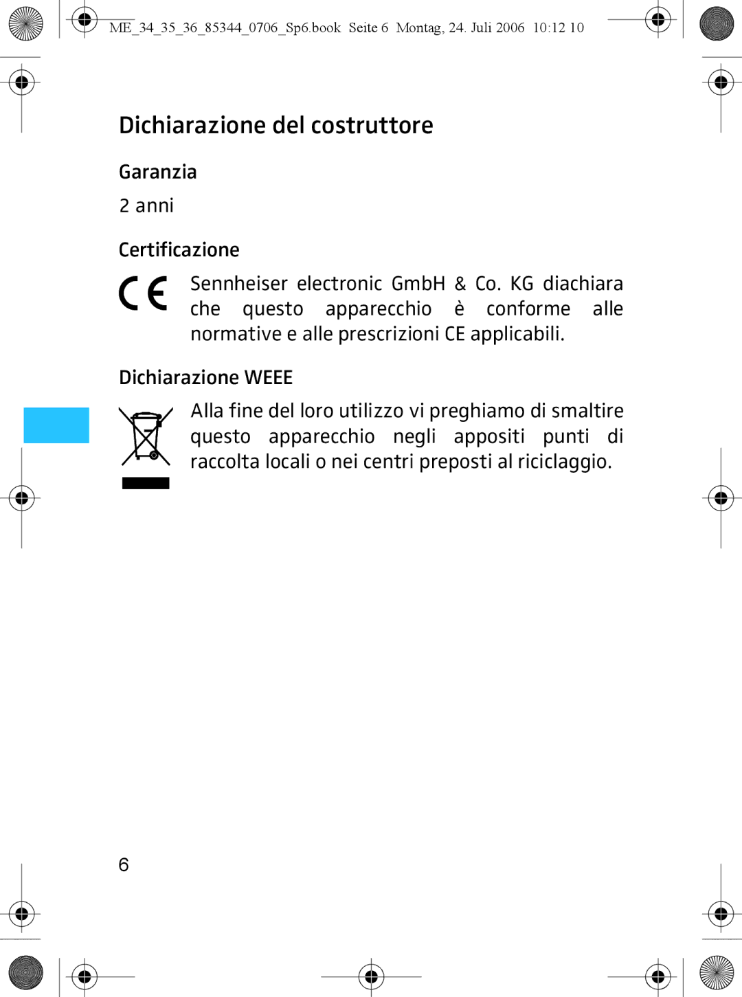 Sennheiser ME 36, ME 35 instruction manual Dichiarazione del costruttore 