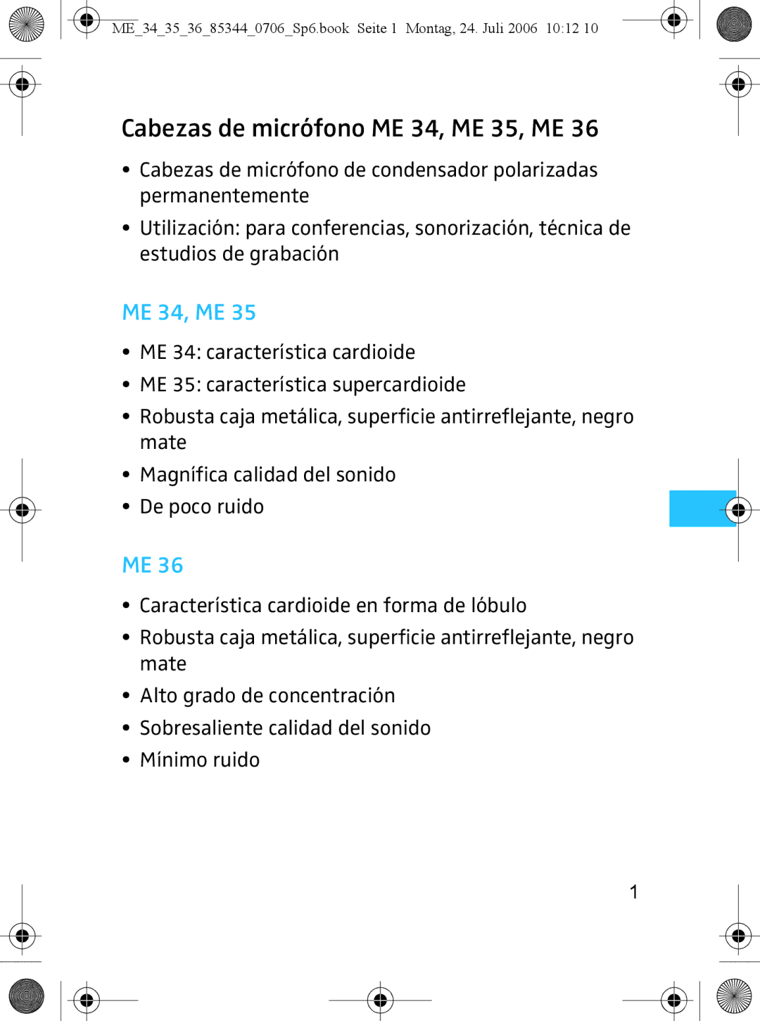 Sennheiser ME 36 instruction manual Cabezas de micrófono ME 34, ME 35, ME 