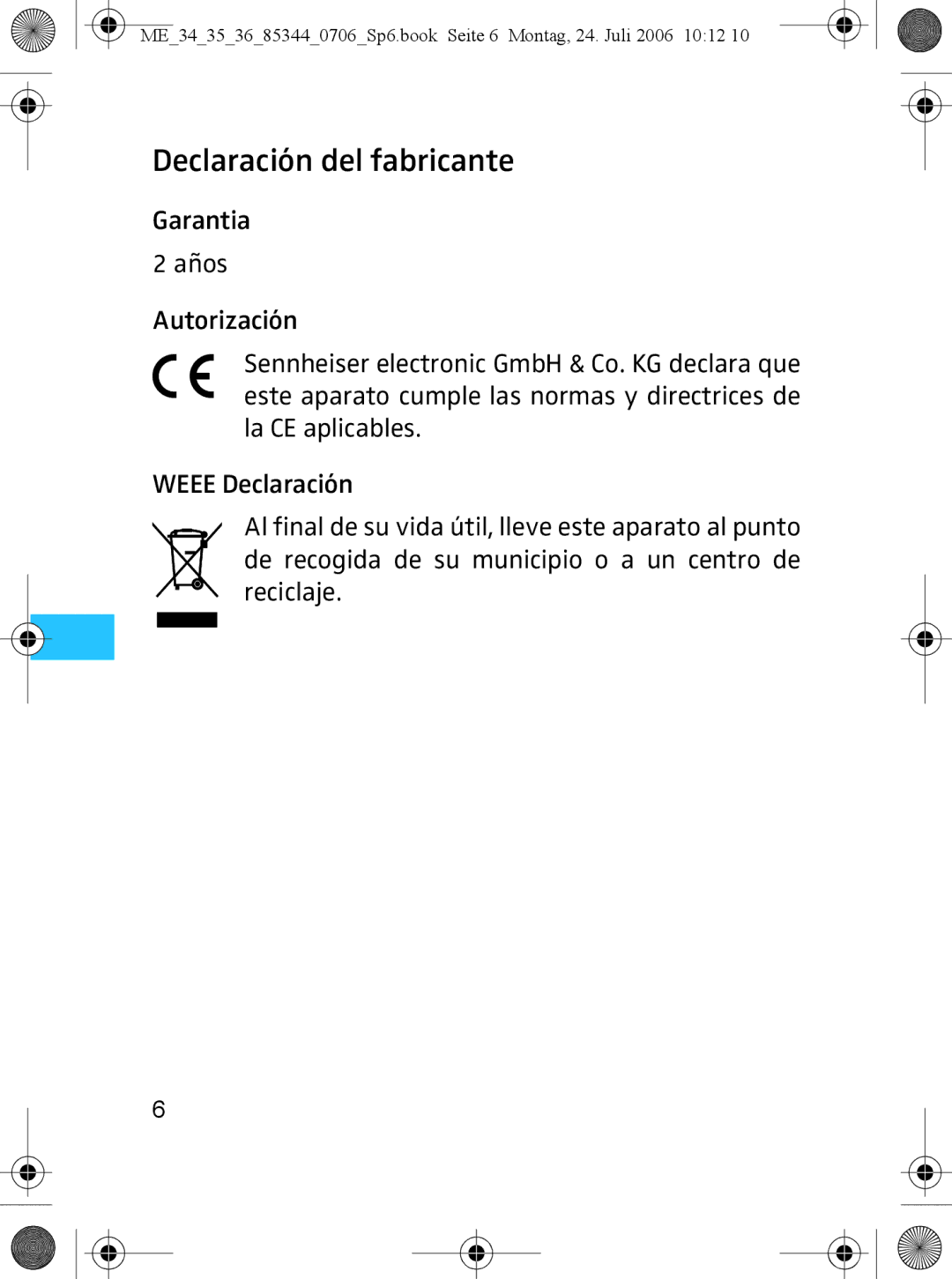 Sennheiser ME 36, ME 35 instruction manual Declaración del fabricante 