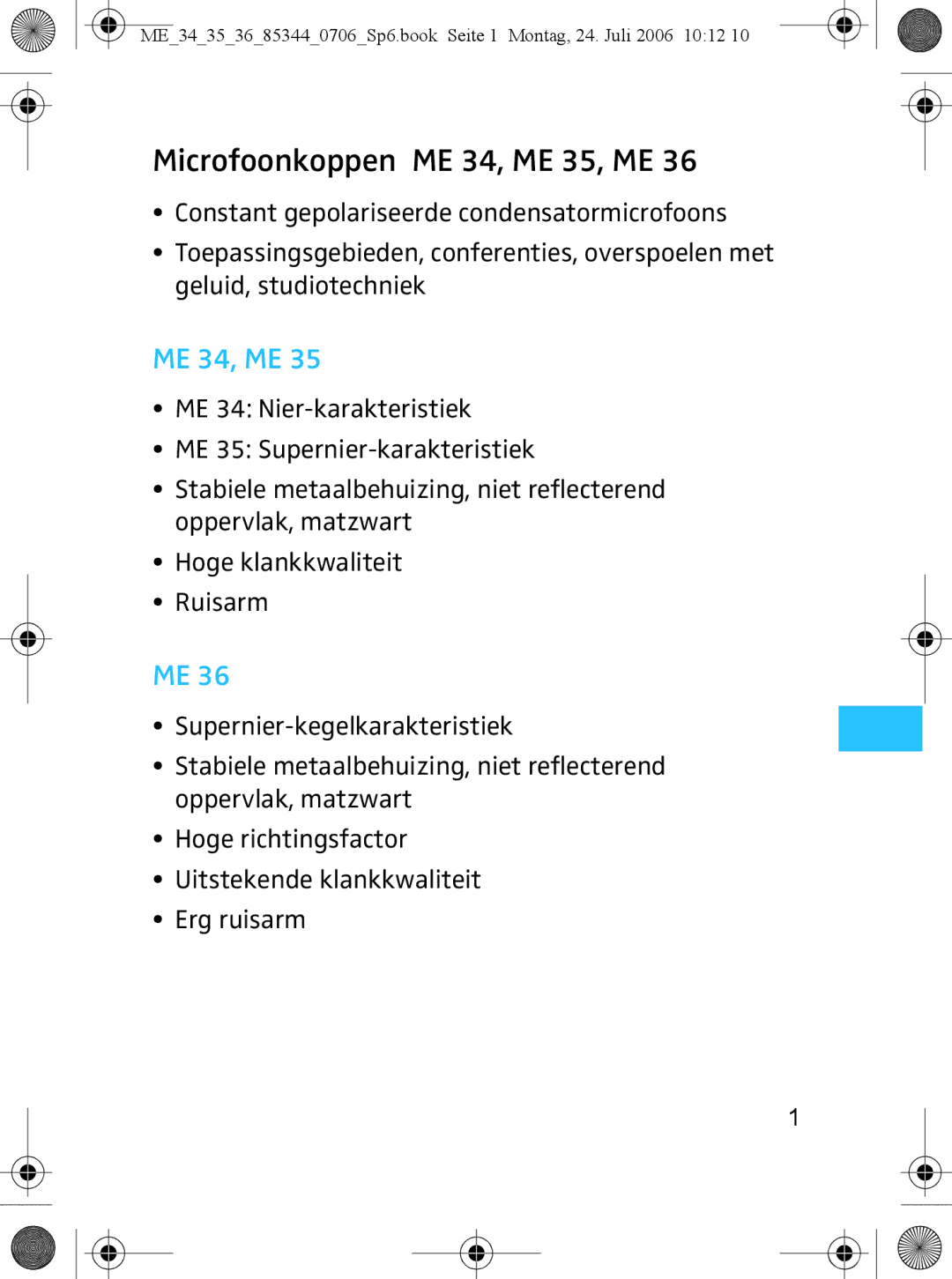 Sennheiser ME 36 instruction manual Microfoonkoppen ME 34, ME 35, ME 