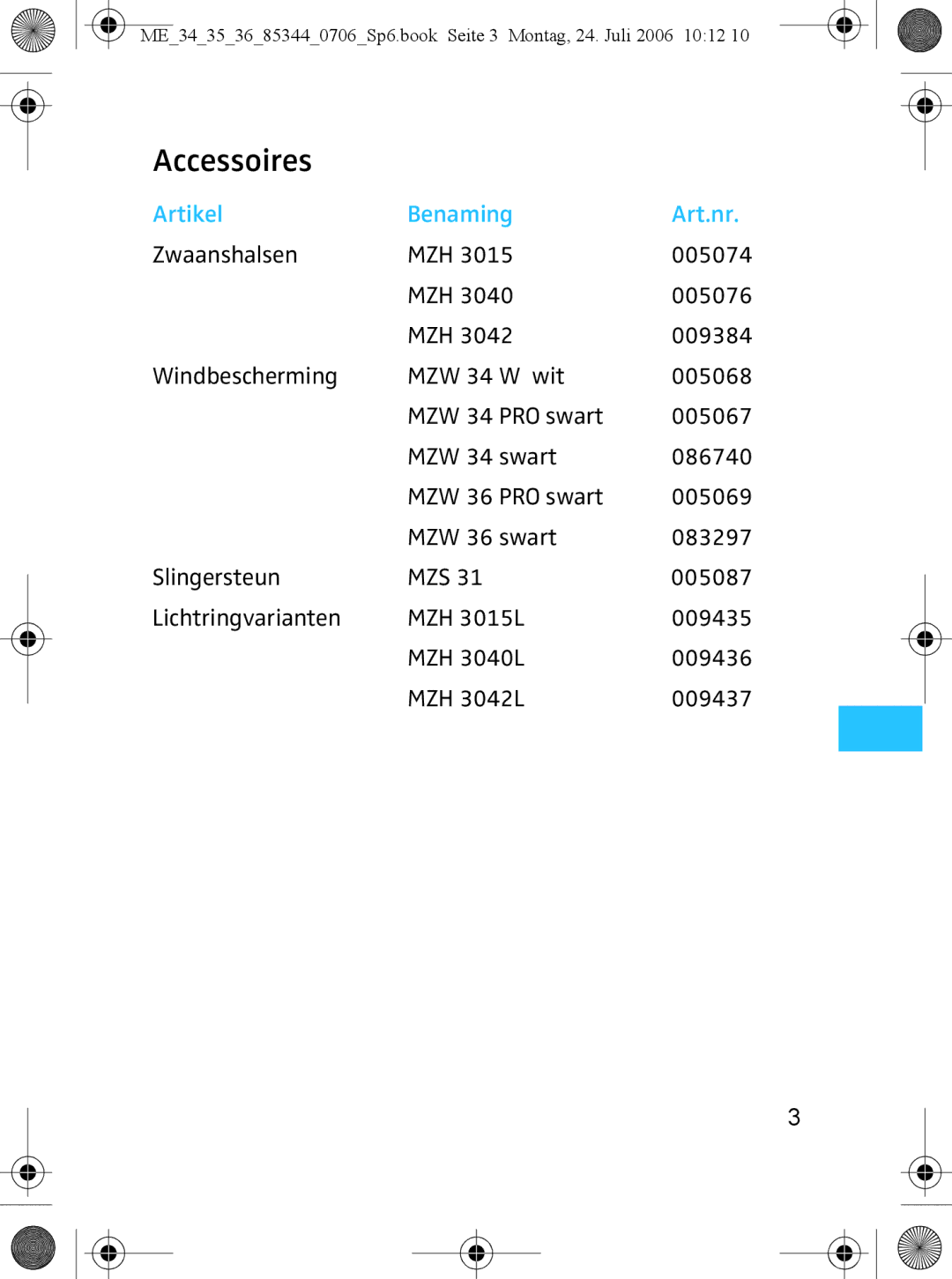 Sennheiser ME 35, ME 36 instruction manual Accessoires, Artikel Benaming Art.nr 