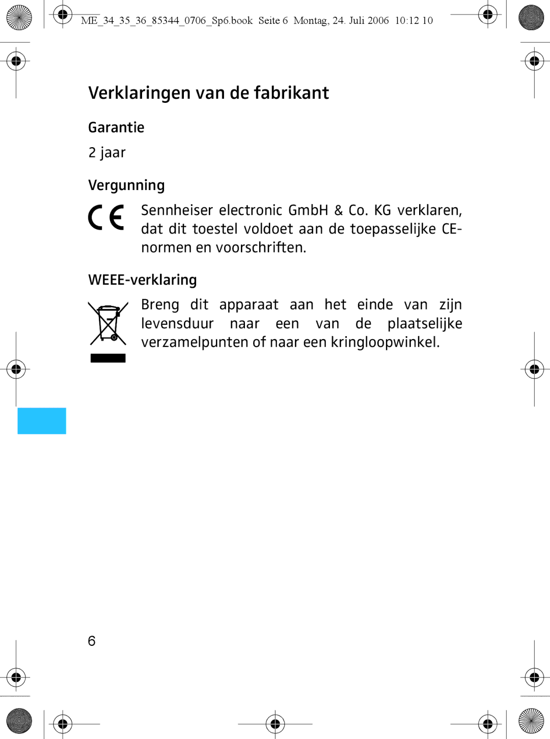 Sennheiser ME 36, ME 35 instruction manual Verklaringen van de fabrikant 