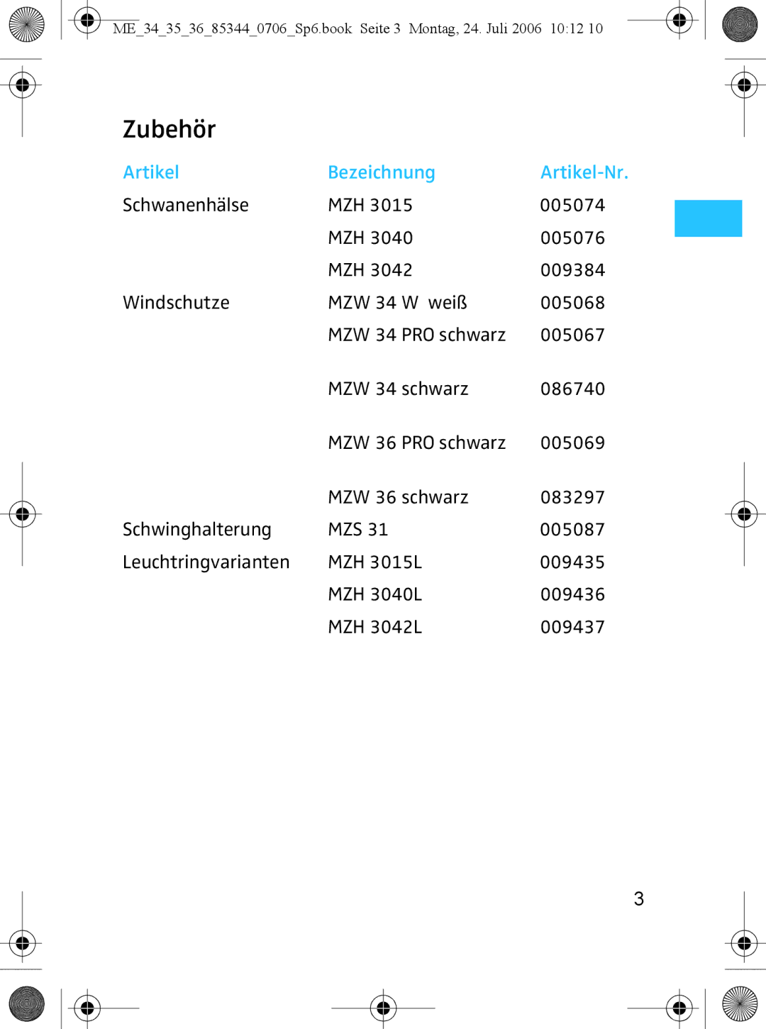 Sennheiser ME 35, ME 36 instruction manual Zubehör, Artikel Bezeichnung Artikel-Nr 