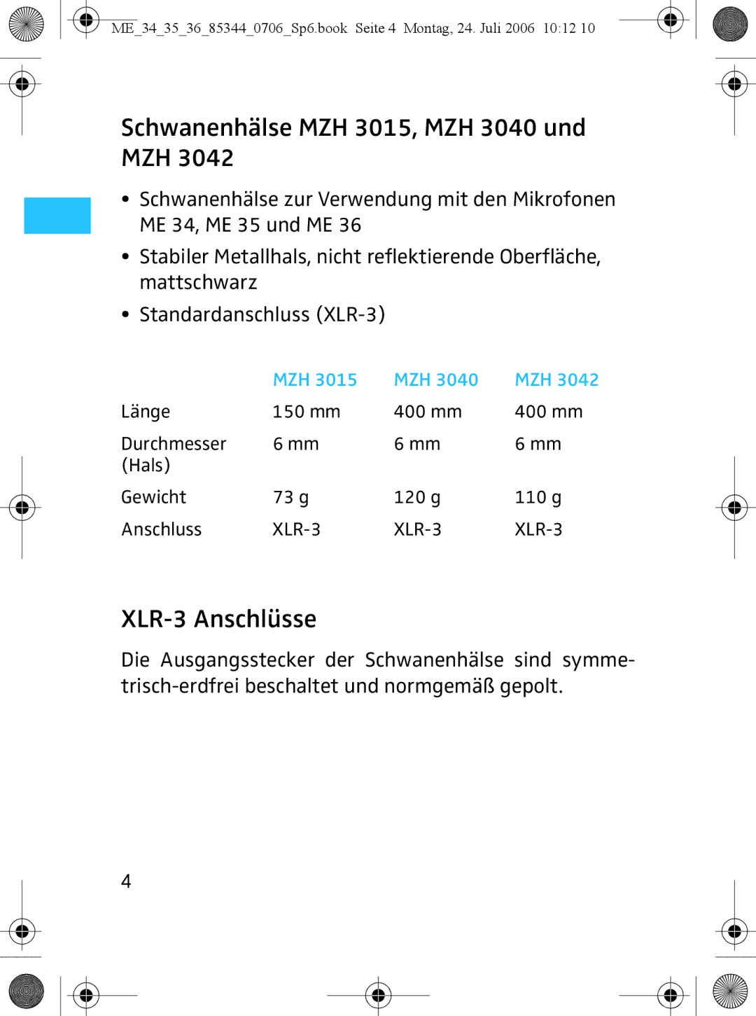 Sennheiser ME 36, ME 35 instruction manual Schwanenhälse MZH 3015, MZH 3040 und, XLR-3 Anschlüsse, Mzh 