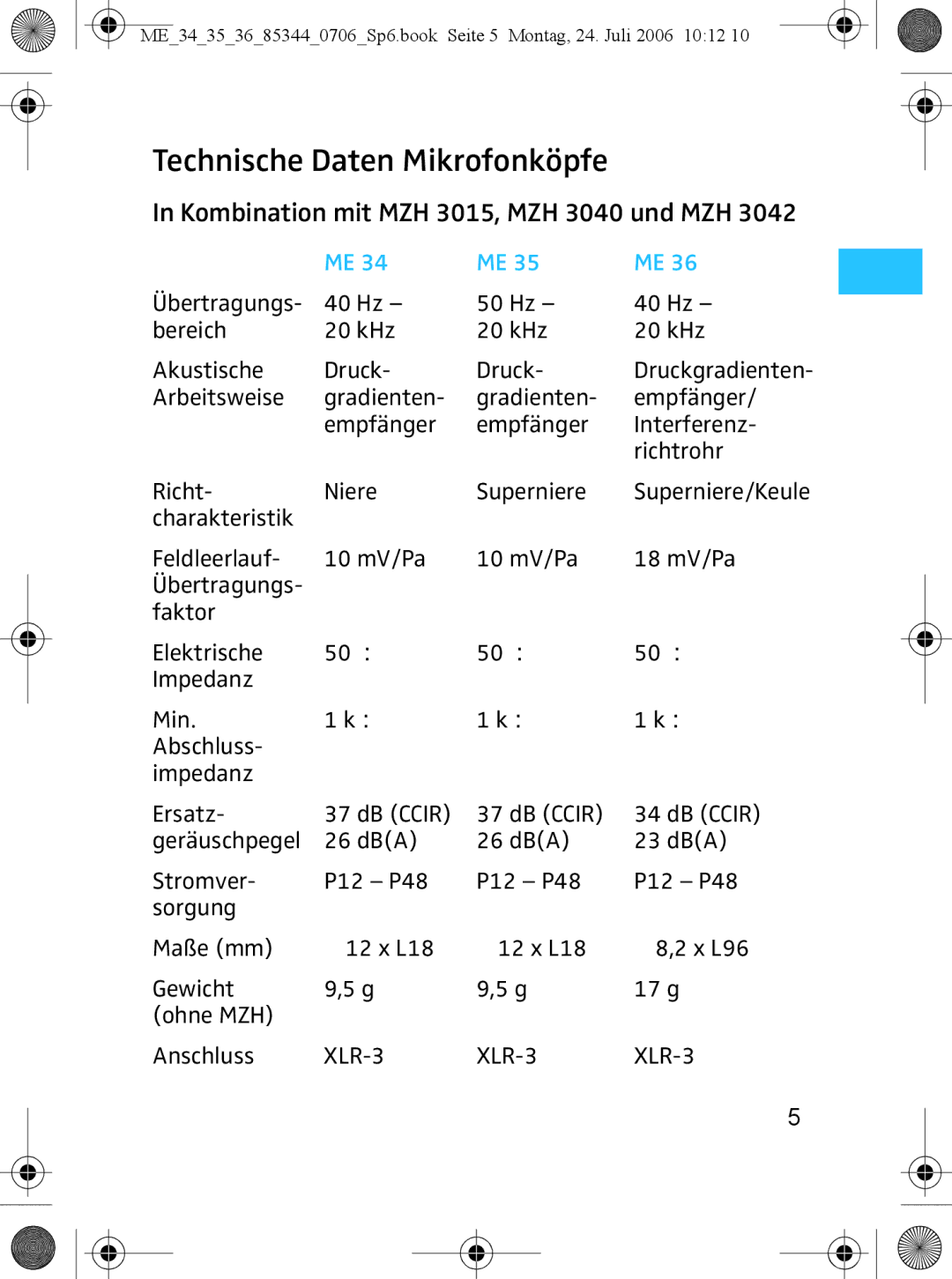 Sennheiser ME 35, ME 36 instruction manual Technische Daten Mikrofonköpfe, Kombination mit MZH 3015, MZH 3040 und MZH 