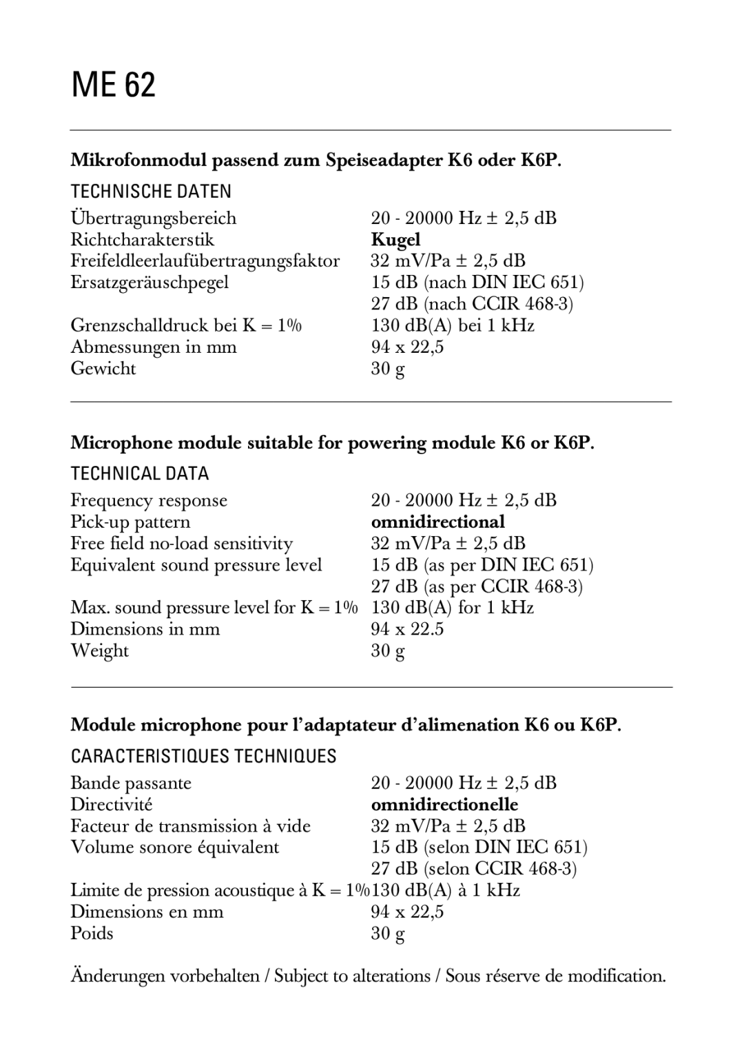 Sennheiser ME 62 manual Technische Daten, Technical Data 