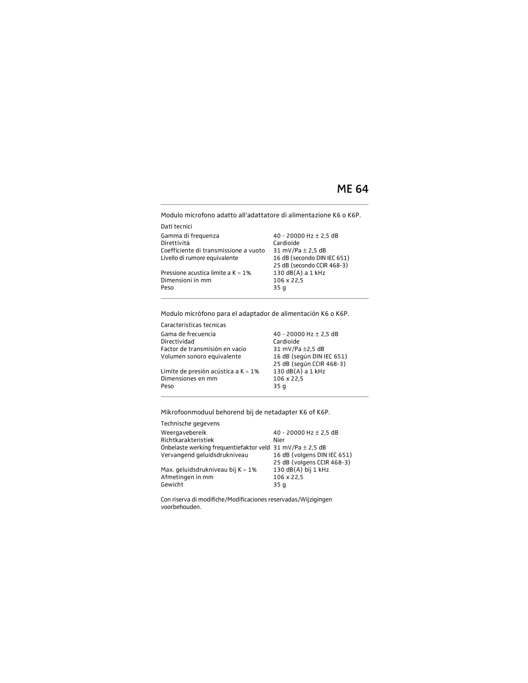 Sennheiser ME 64 manual Modulo micrófono para el adaptador de alimentación K6 o K6P 