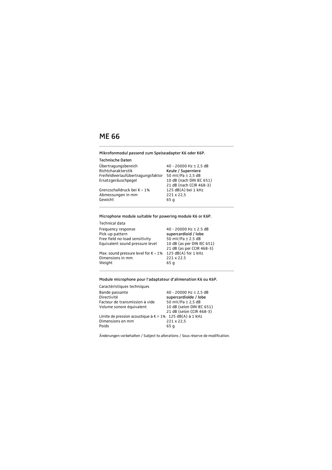 Sennheiser ME 66 manual DBA for 1 kHz 