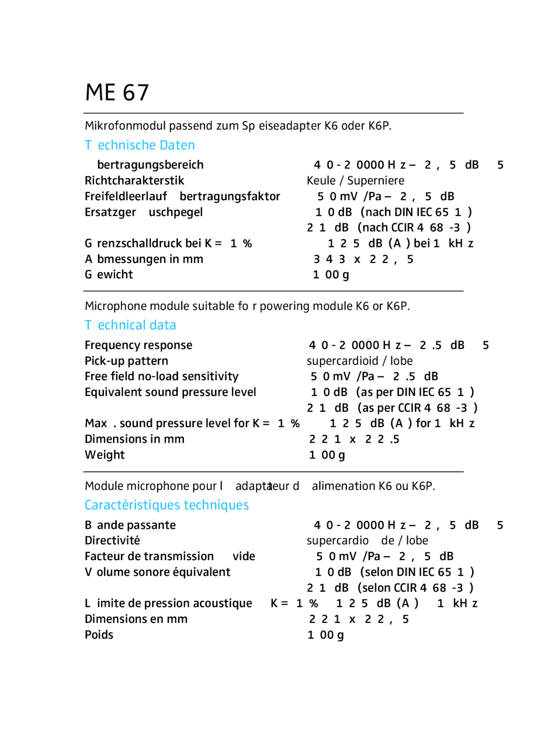 Sennheiser ME 67 manual Technische Daten, Technical data, Caractéristiques techniques 