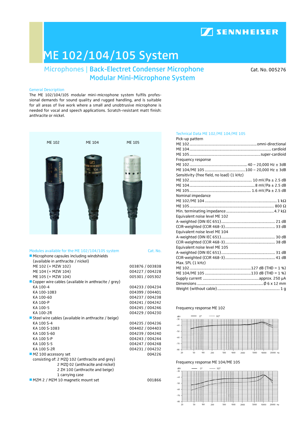 Sennheiser ME 104, ME105 dimensions ME 102/104/105 System, Microphones Back-Electret Condenser Microphone 