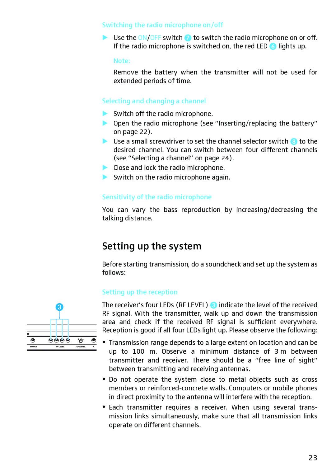 Sennheiser Freeport Setting up the system, Switching the radio microphone on/off, Sensitivity of the radio microphone 