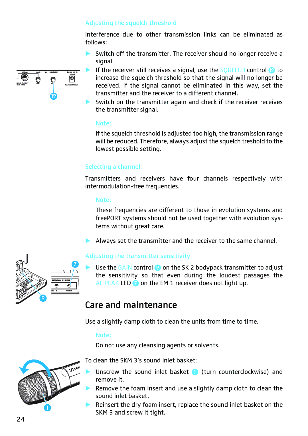 Sennheiser Microphone, Freeport manual Care and maintenance, Adjusting the squelch threshold, Selecting a channel 