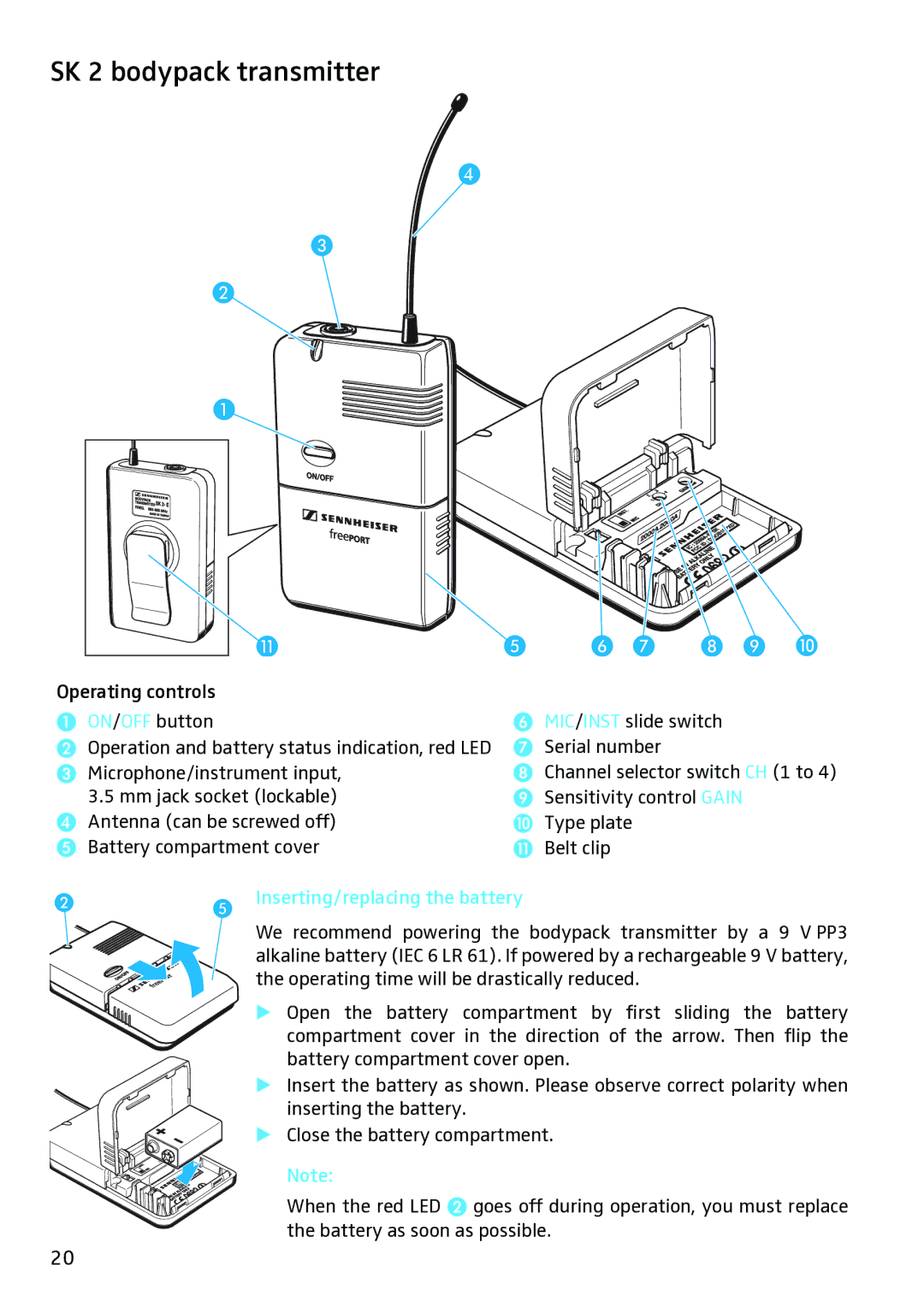 Sennheiser Microphone, Freeport manual SK 2 bodypack transmitter, Inserting/replacing the battery 