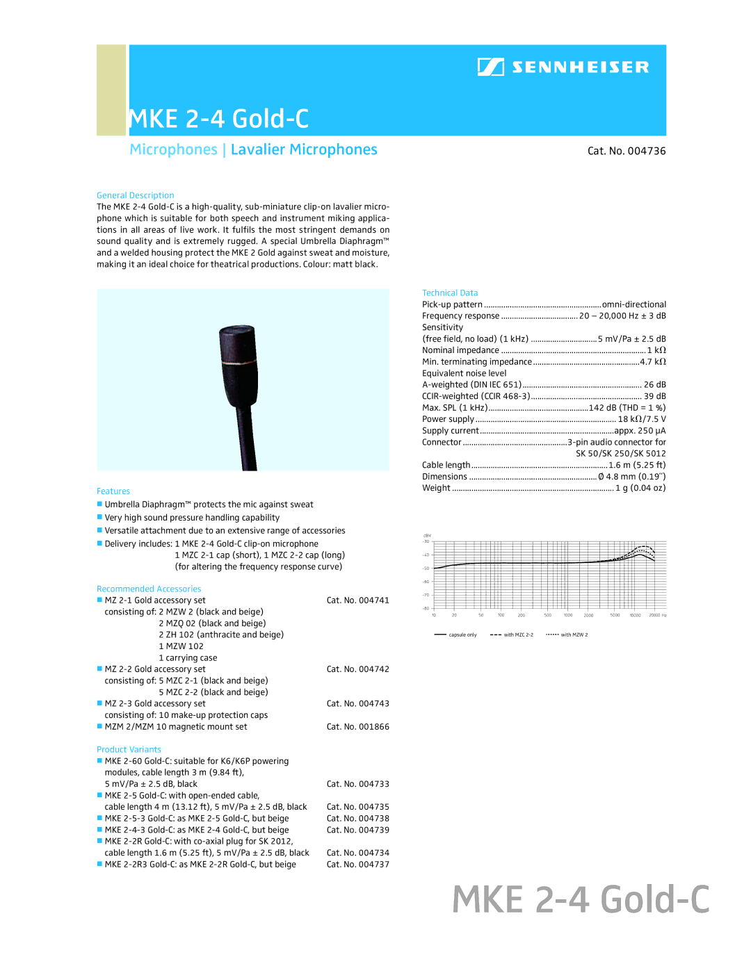 Sennheiser MKE 2-4-C GOLD-C dimensions MKE 2-4 Gold-C, Microphones Lavalier Microphones, Cat. No 